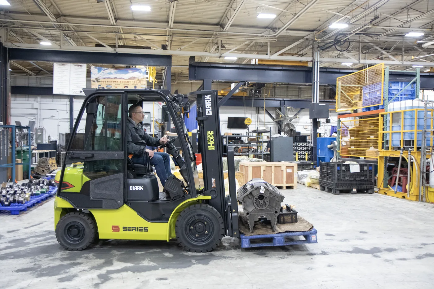 Clark S-Series forklift moving a machined casting in a Lehigh Valley manufacturing plant